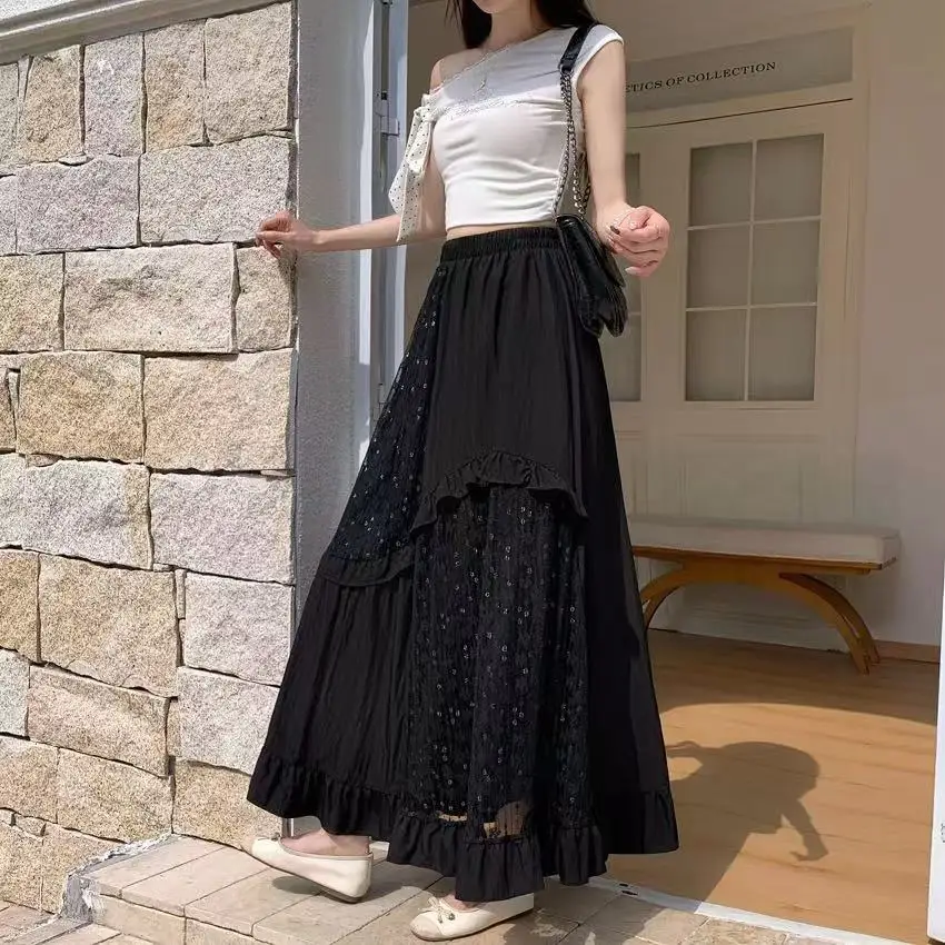 2026 New Irregular Lace Stitching Skirt Female High Waist Loose Thin Skirts Women Fashion Long A-line Umbrella Skirts U79