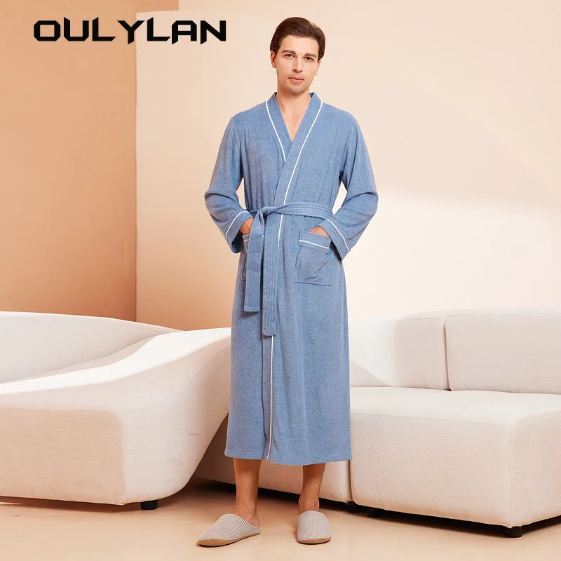 Men Blue Bath Robe Sleepwear Dressing Gown Long Sleeve Water Uptake Kimono Sleep Lounge Nightgown