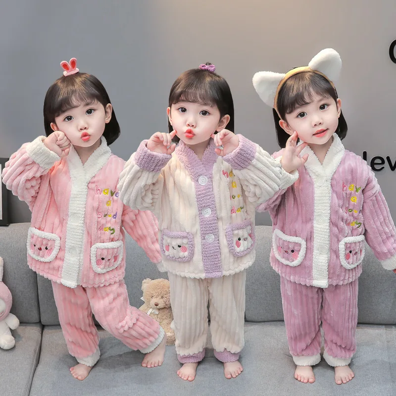 2pcs Winter Baby Boy Girl Soft Thicken Pajamas Set Kids Super Soft Warm Home Suit Child Warm Sleepwear Set Girls Night Wear Suit