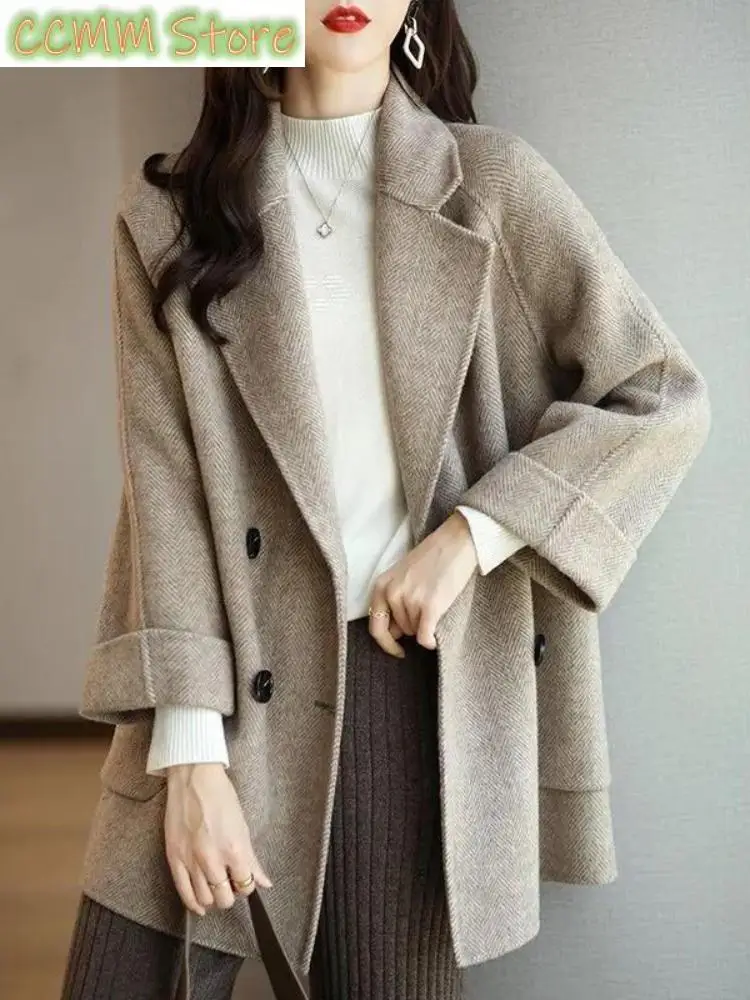 

2023 New Coat Women Winter Jacket Fashion Lapel Double Row Button Loose Warm Trench Coats for Women Clothing Wool Blends Tops