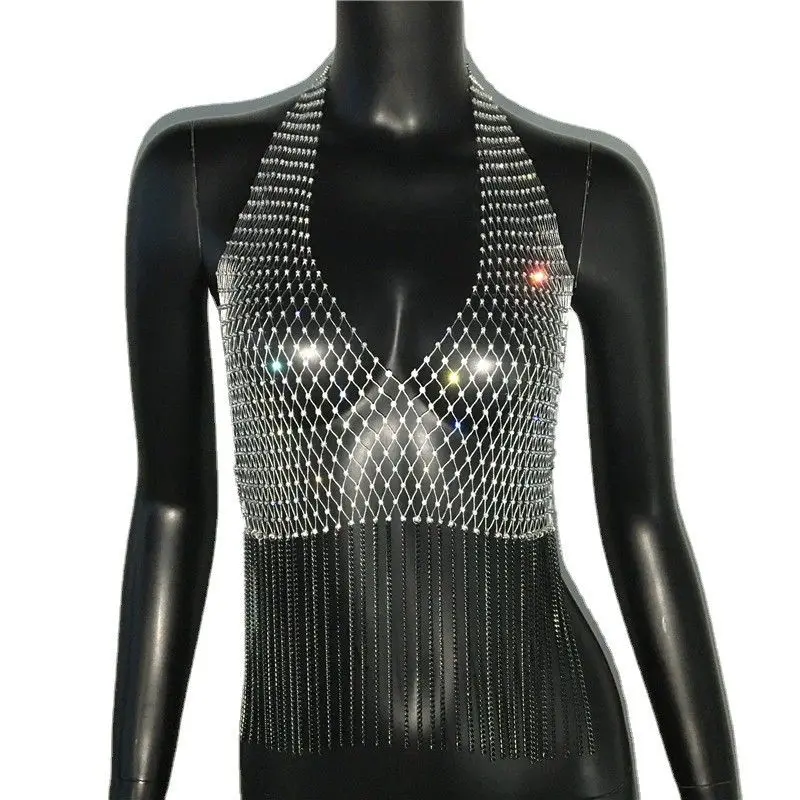 Sexy Me Hollow out Fiing Net Strap Vest Women's Cross-Border Hot Selling Tassel Chain Strap Vest ort Sle Inner Wear