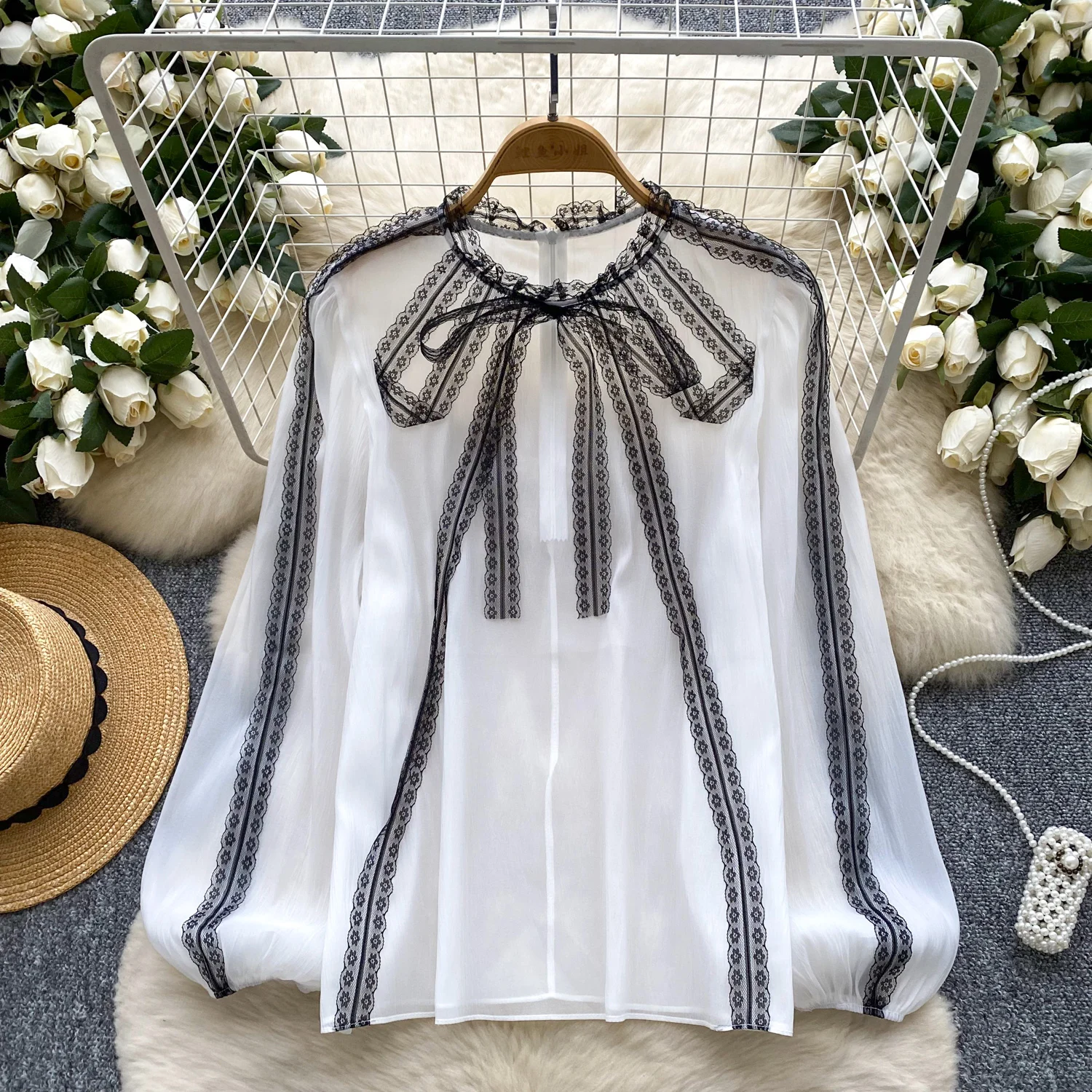 Elegant lace mesh Pleated Blouse Chic Vintage O Neck Fashion Top Women Spring Autumn Birthday Party Shirts Y2k