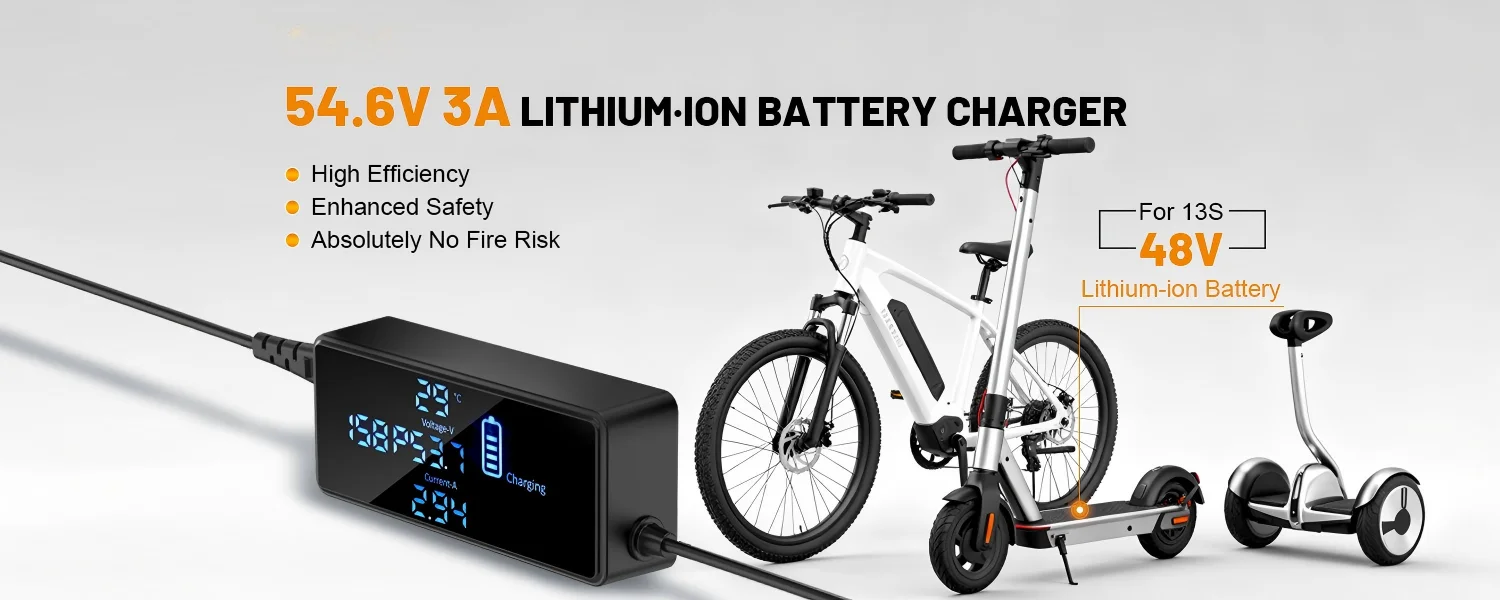 54.6V 3A E-Scooter Charger with 7 Plugs & Smart LCD Touch-Screen, UL Certified Fast Charger for 48V Li-ion Battery, Replacement