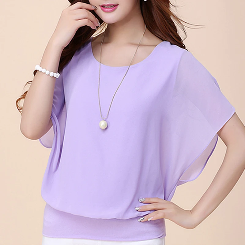 Seven Colors Chiffon White Shirt Blouse For Women Casual Solid Loose O Neck Ruffle Batwing Sleeve Female Tunic 5XL Plus Size Top