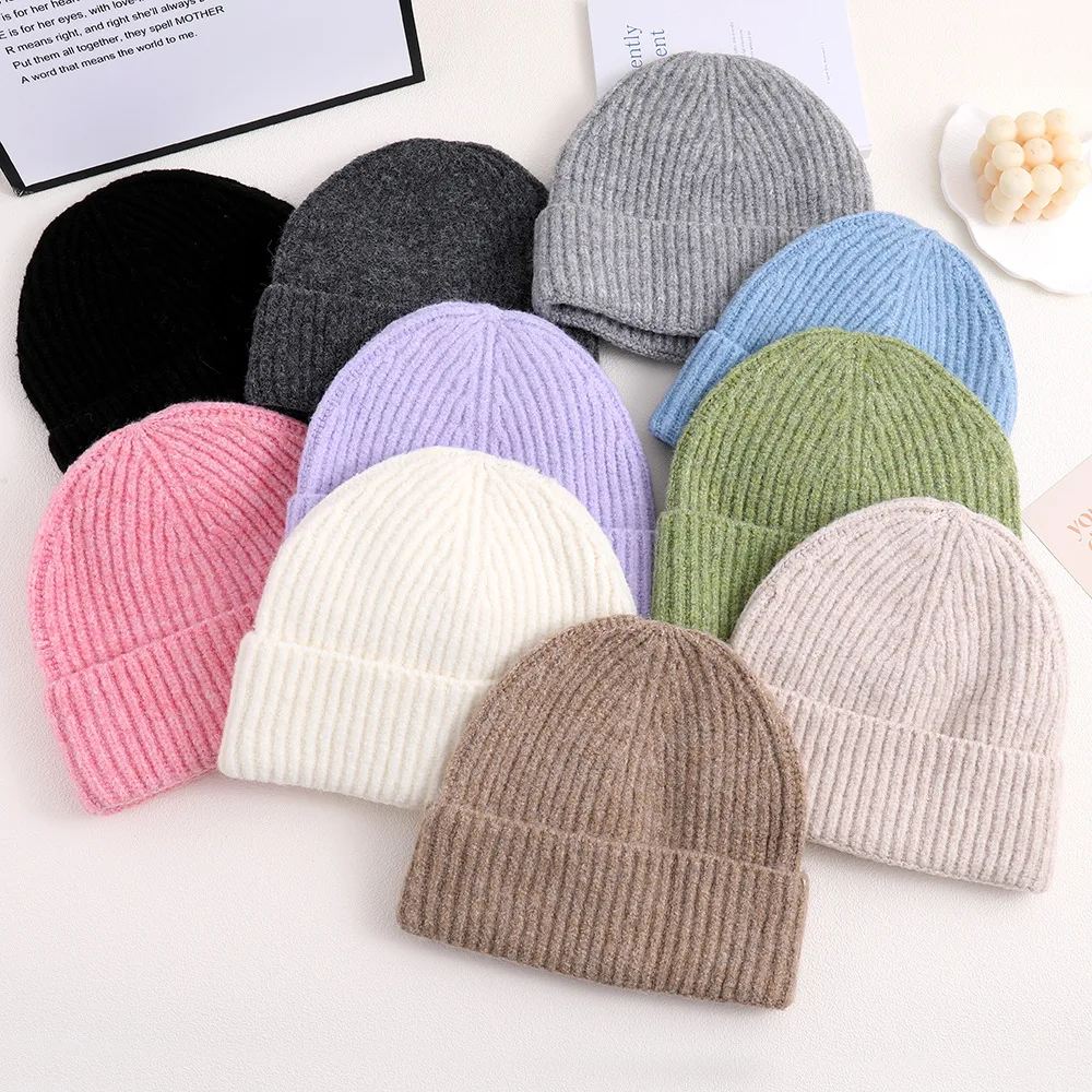 Solid Color Wool Beanie Autumn Winter Thick Warm Knit Hat Fashion Versatile Simple Pullover Brless Warm Cap