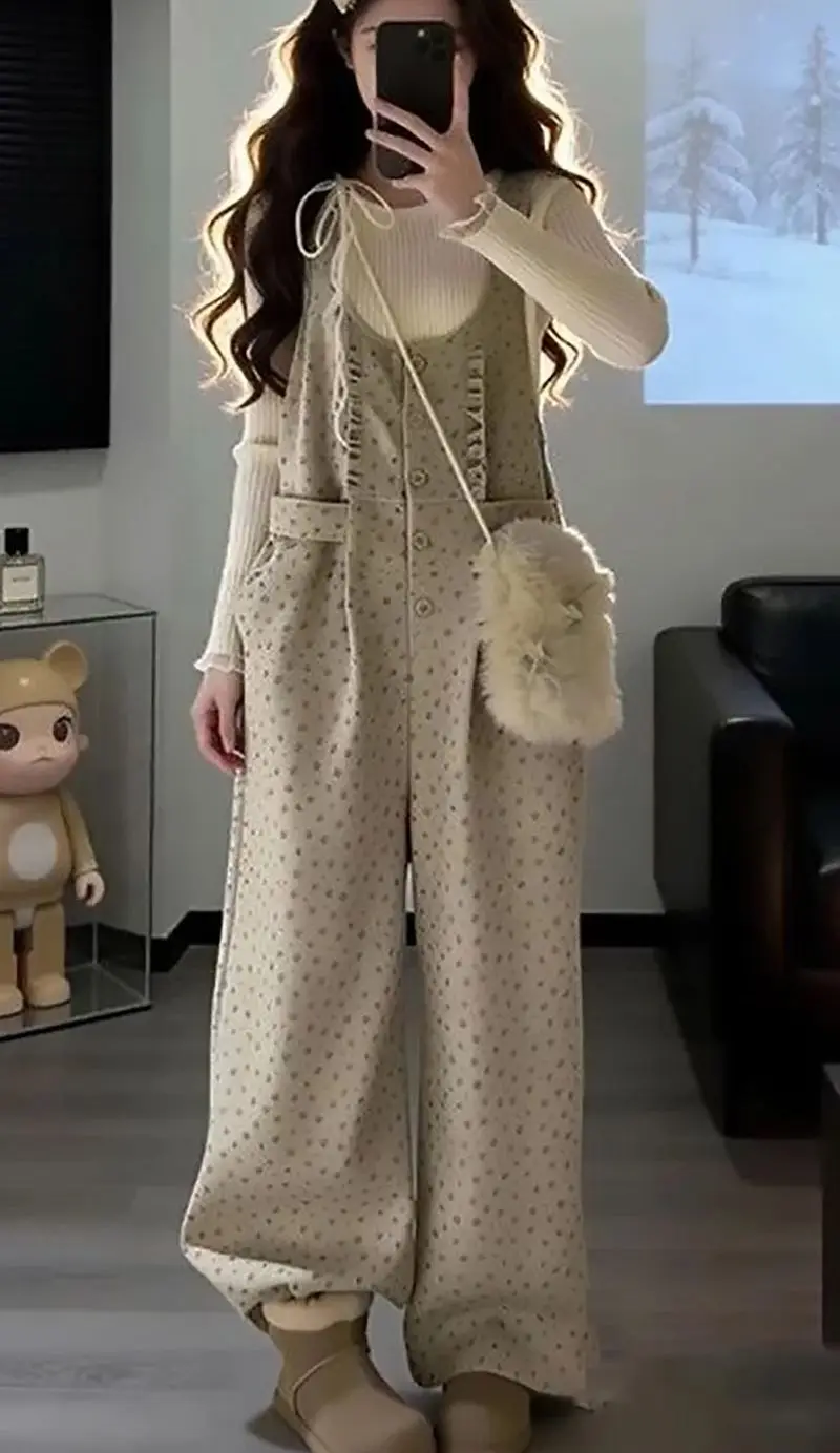 

Джинсы-комбинезон цвета абрикос с цветочным принтом, широкие брюки свободного кроя, винтажный стиль преппи, с рюшами на бретелях, повседневные, свободные, весенняя мода 2026