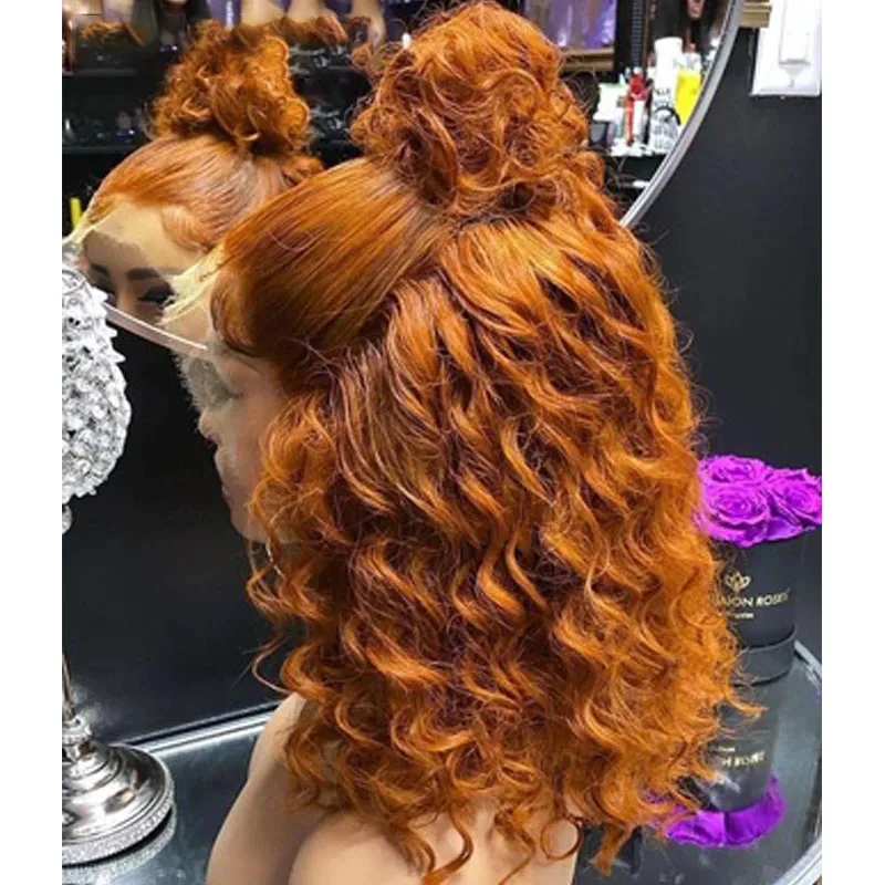 High Ponytail Deep Wave Short Bob Ginger Orange Brown Pre Plucked Lace Front Wigs Synthetic Hair Hairline Fiber