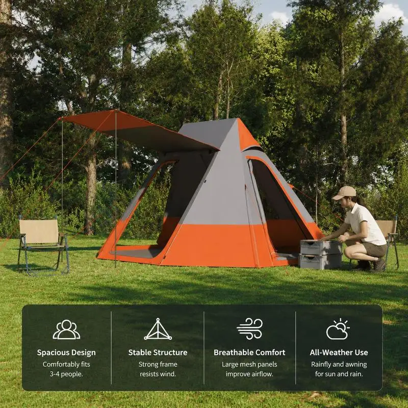 Tente de camping gris et orange 482 x 360 x 227 cm en polyester, idéale pour la randonnée en banlieue, le camping en bord de lac et les séjours de nuit en bord de mer, avec une excellente imperméabilité.