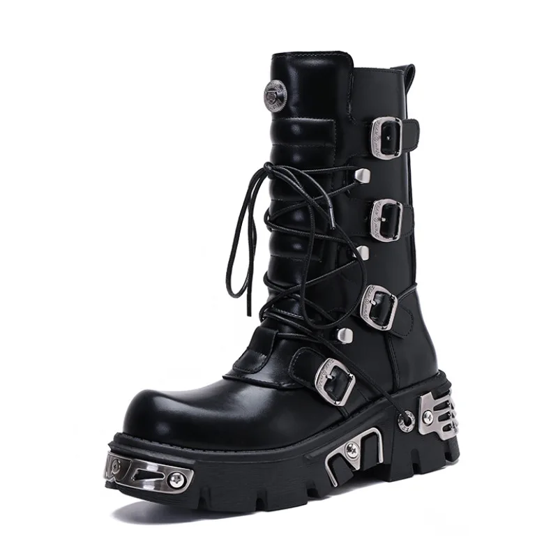 Retro High Boots for Men's and Women's Metal Motorcycle Boots Workwear Punk Style Rock Thick Soled Boots Motorbike Racing Shoes