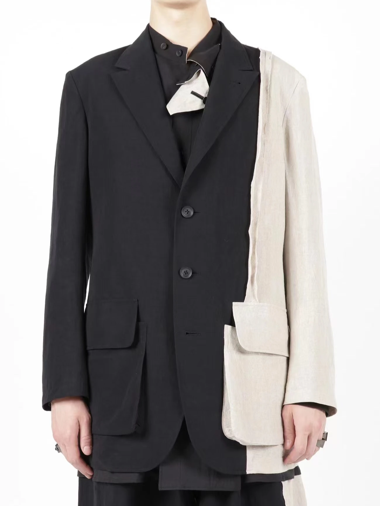 YAMAMOTO-Style Coat 2024 HighQuality Dark Style Suit Jacket Autumn-Winter Two-Tone Linen Suit Fashion Patchwork Coat