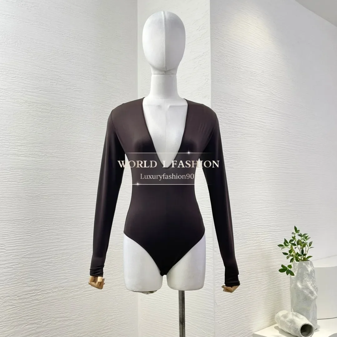

High Quality Brown Long Sleeve Deep V Neck Blouse Tops 2025