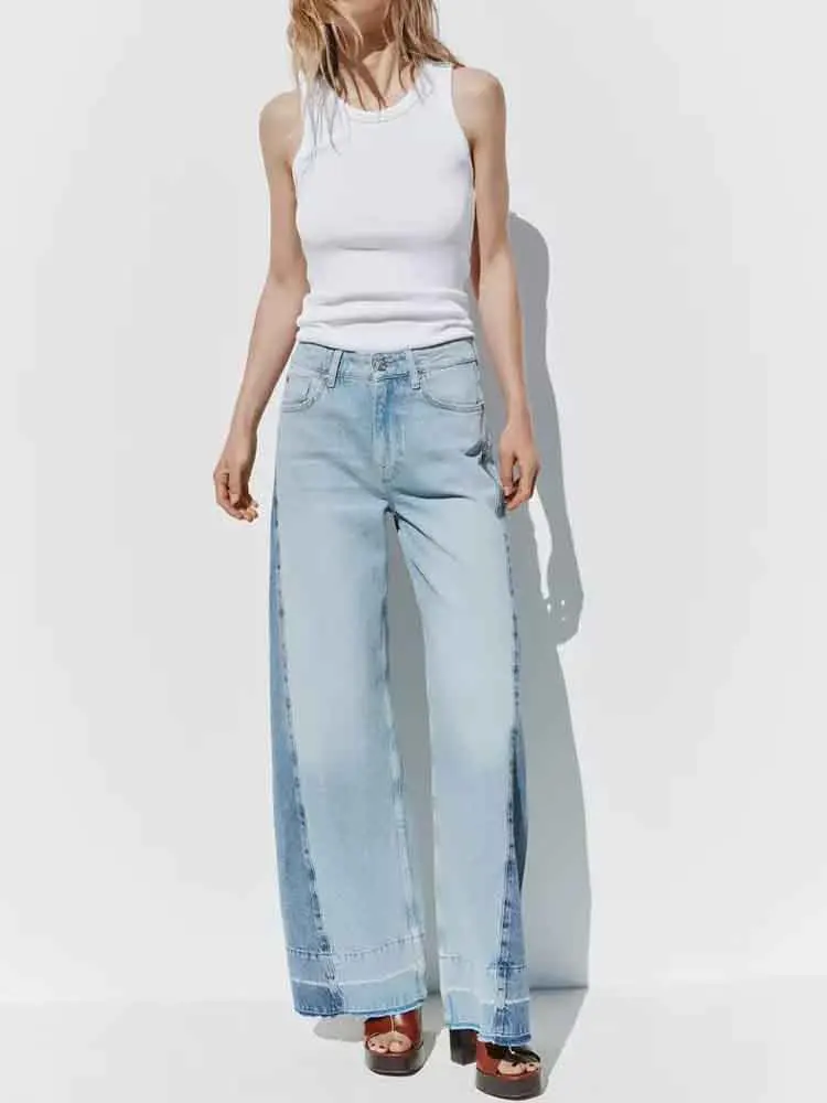 

European style women's new fashion versatile temperament simple splicing cotton high waist loose trousers jeans