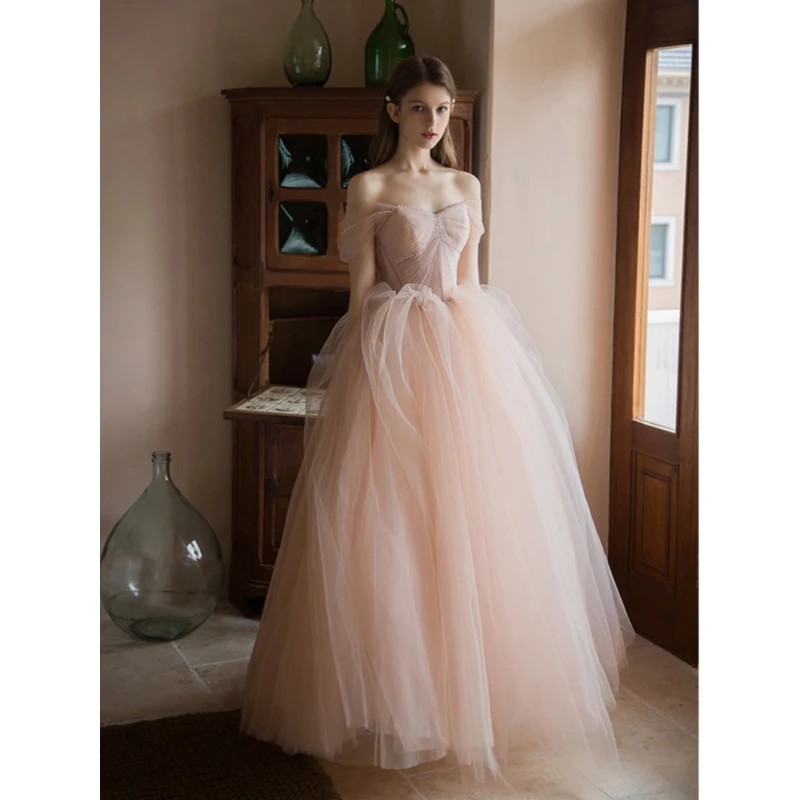 

French Style Evening Dress Women's Pink Tulle Slash Neck Off Shoulder Beading A-Line Ankle-Length Backless Engagement Dresses