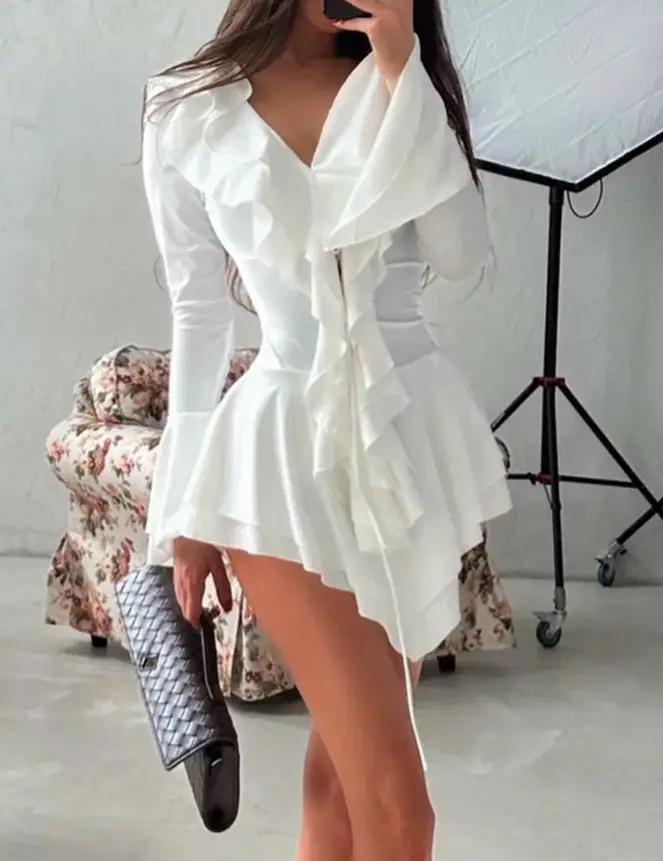 Jumpsuit Women 2025 Spring New Bell Sleeve Ruffles Plunge V Neck Lace Up Romper Casual Waist Slim Fit Long Sleeve Romper