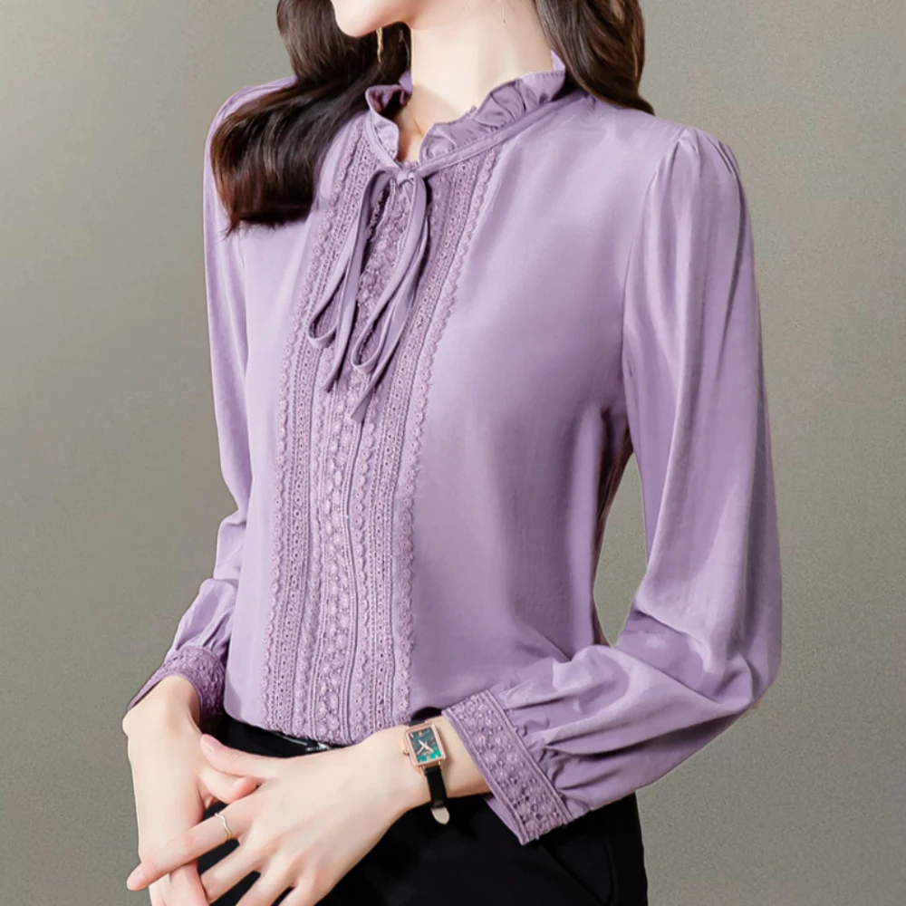 Women\'s Lace Splice Purple Silk Shirts Long Sleeve Fashion Women Blouses 2024 Sweet Fungus Edge Bow Collar Office Lady Tops