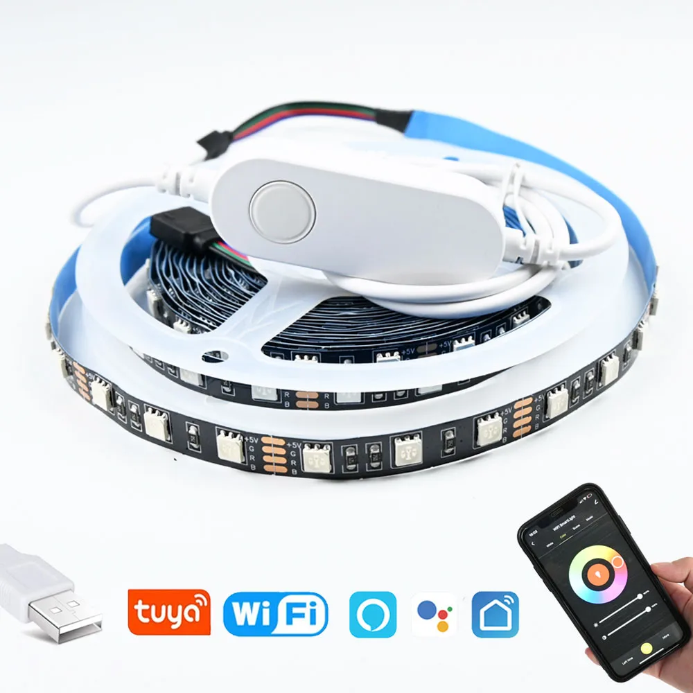 USB Tuya Smart Life WiFi RGB LED Strip 5V 1M 2M 3M 4M 5M Elastyczne ściemnialne oświetlenie tła telewizora dla aplikacji Alexa Google Assistant