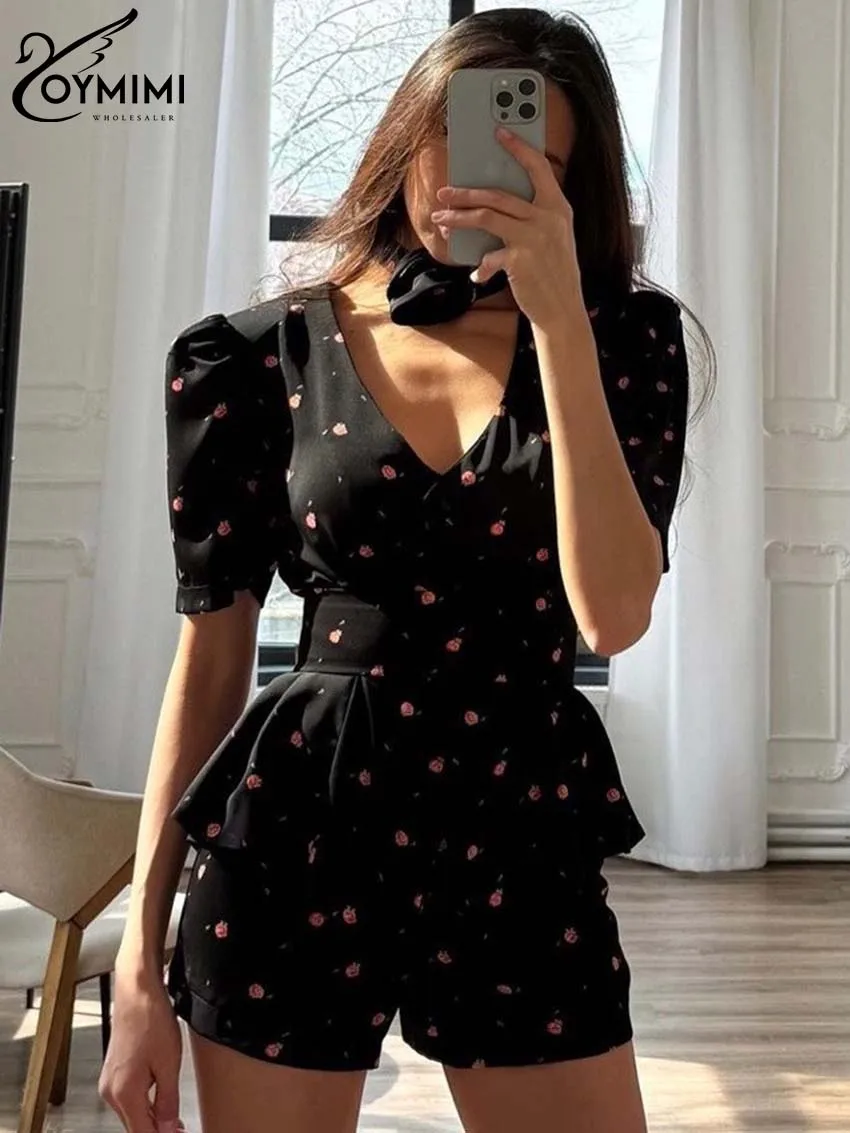 Oymimi Fashion Black Print Women 2 Piece Set Outfit Elegant V-Neck Short Sleeve Button Tops And High Waisted Shorts Female Sets