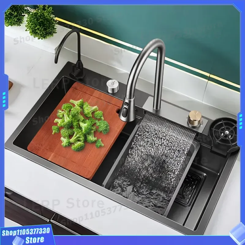 Large Single Bowl Stainless Steel Kitchen Sink Modern Full Waterfall Design With Undermount Rack For Home Renovation Project
