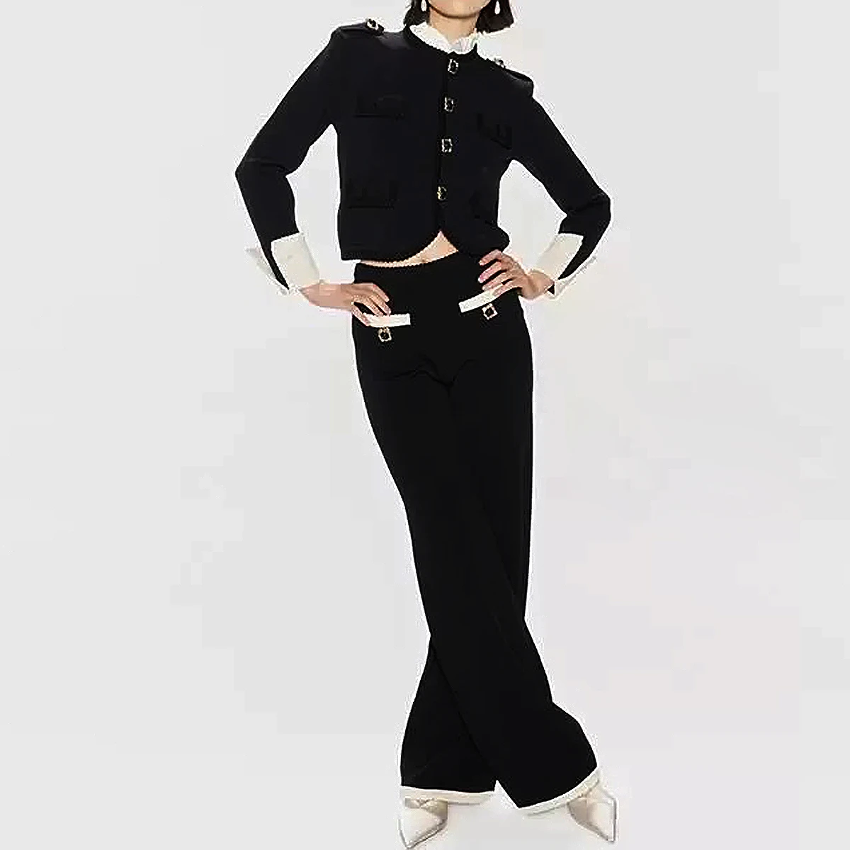 

Spring And Autumn New Fashion Commuter Heavy Industry Knitted Small Fragrant Style Long Sleeve Round Neck Top Coat+Pants Set