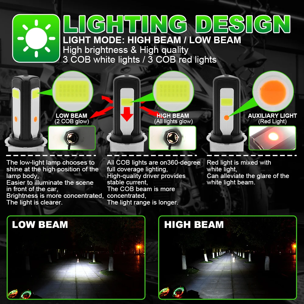 H4 Motorcycle LED Bulb,40W BA20D LED Healight Bulb High-Low Beam Kis Red Light DRLs DC9-18V.