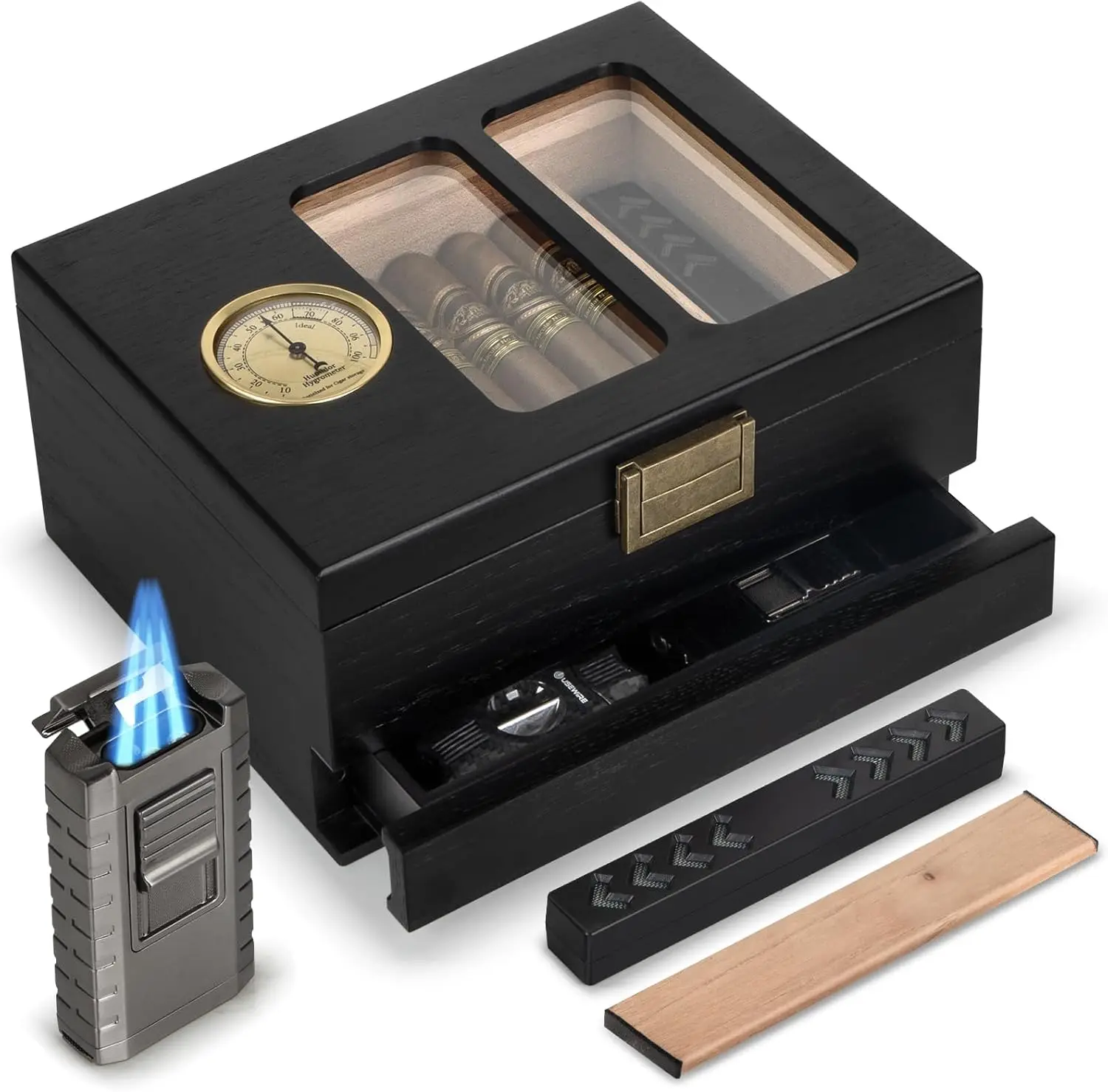 

Glass Top Cedar Wood Cigar Humidor Box for 20-35 Cigars with Hygrometer and Multi-Function Lighter, Desktop Gift