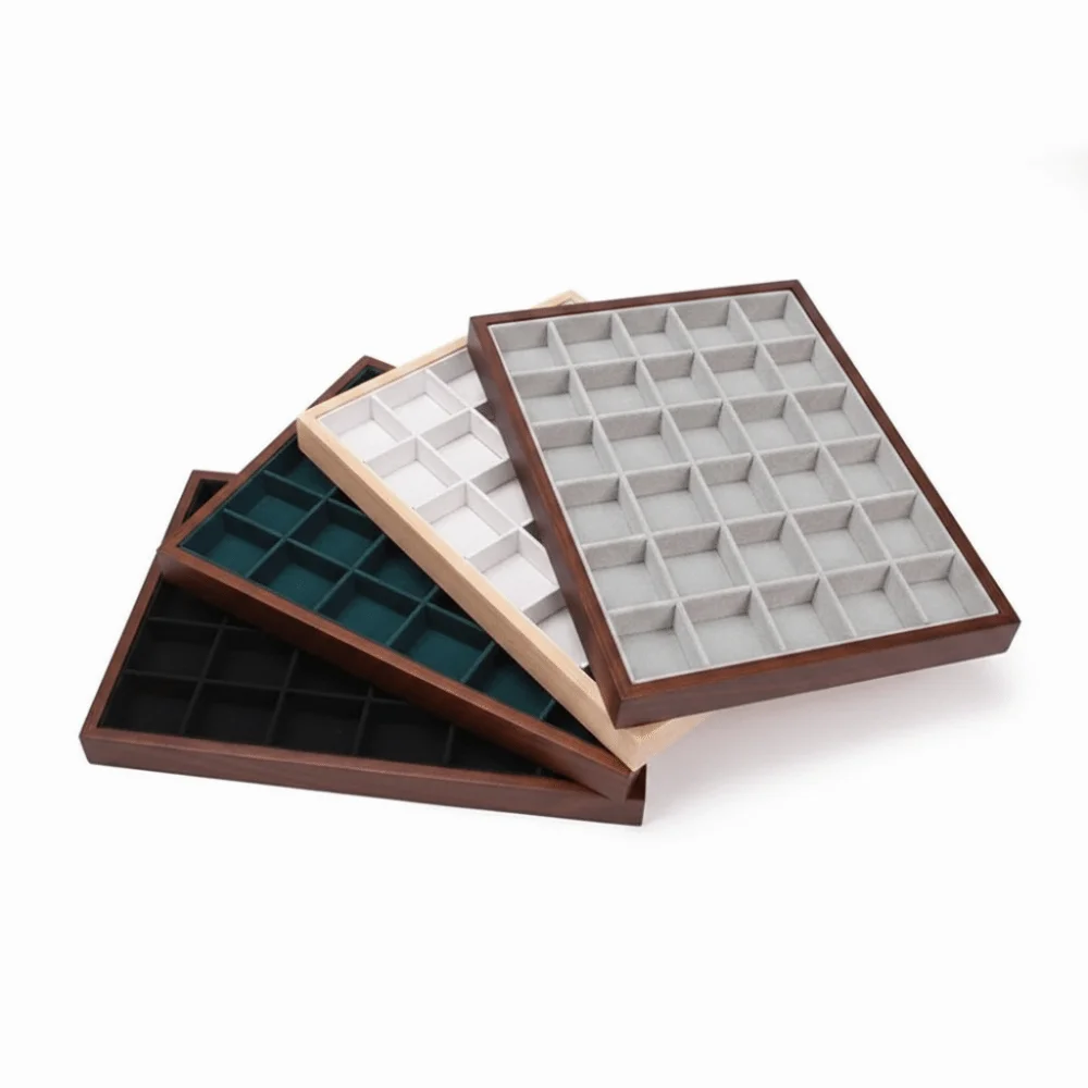 30 grid Wood Grain Jewelry Tray Walnut Wood Large Capacity Jewelry Storage Drawer Velvet Jewelry Organizer Ring Storage