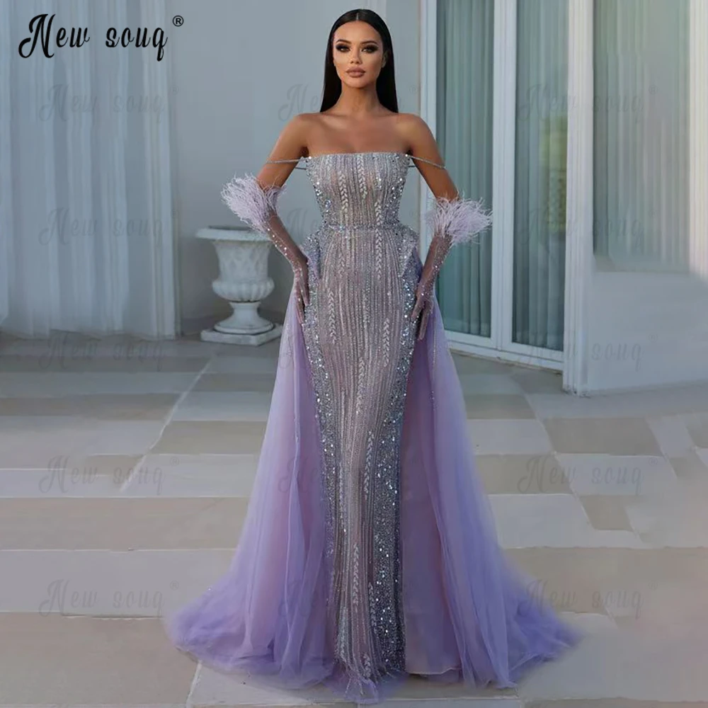 Elegant Lavender Handmade Beaded Evening Dress Off Shoulder Boat Neck Withe Detachable Train Fashion Formal Prom Gowns Customize