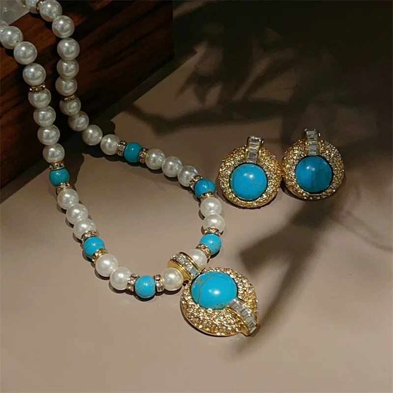 

Роскошный кристально-синий бирюзовый массивный кулон, ожерелье, серьги, комплект ювелирных изделий