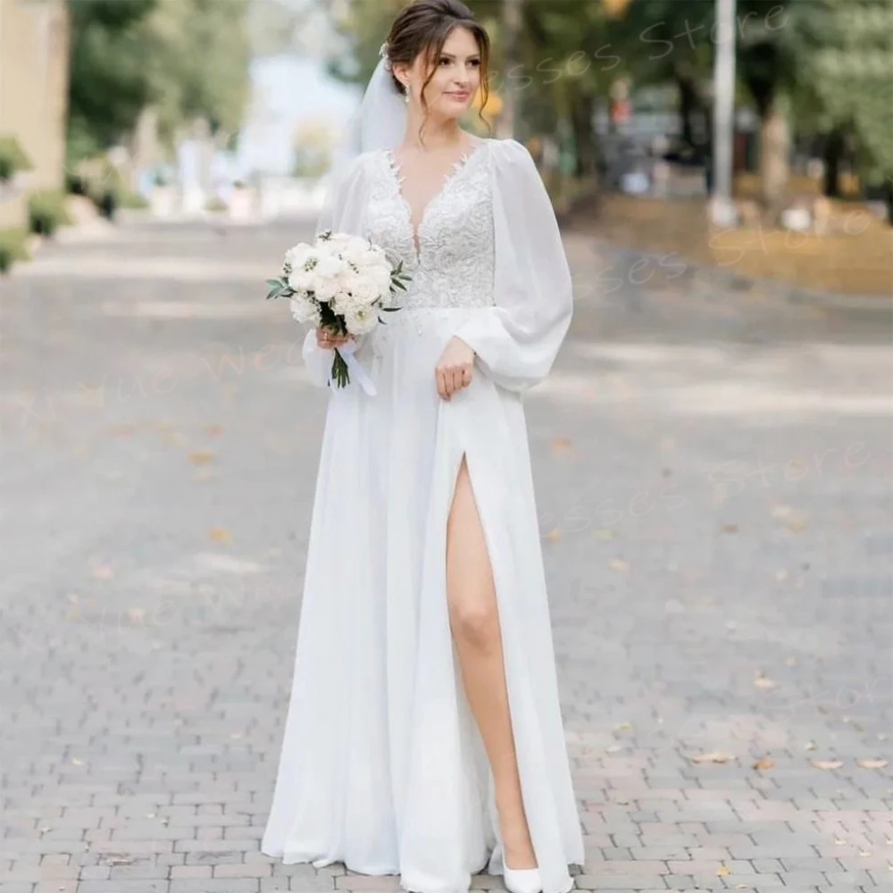 

Modern A Line Women's Wedding Dresses Sexy V Neck Bride Gowns Long Sleeve Appliques Lace Side High Split Vestidos De Novia Boda