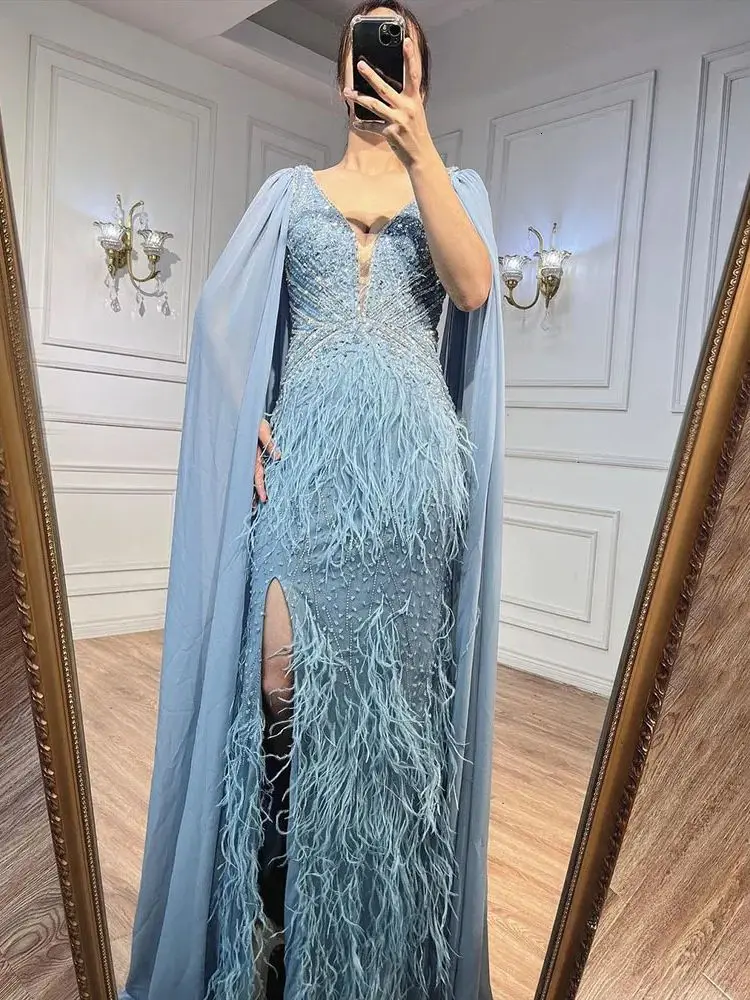 Party Dress Serene Mountain Blue Mermaid Elegant Shawl Sleeve Luxury Beaded Feather Evening Dress 2023 for Women Formal Occasion