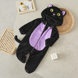 Suefunskry Toddler Baby Halloween Cosplay Jumpsuit, Long Sleeve Hooded Cat Zipper Closure Fall Romper Clothes for Boys Girls