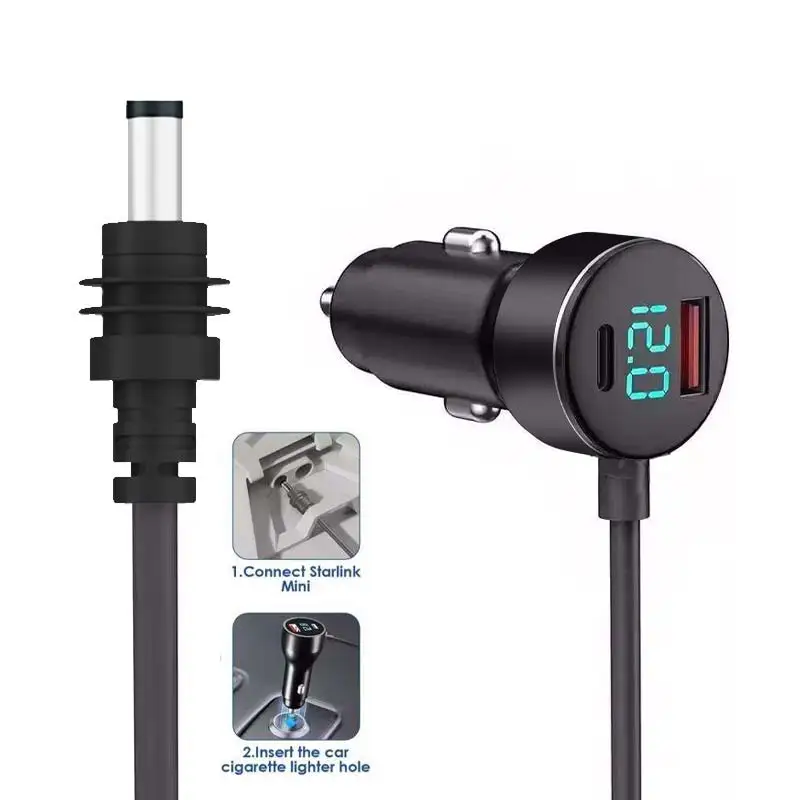 16FT/5M Starlink Mini 18AWG DC Car Charger Dual Device Power Supply Fast Charging Digital Display Braid Compatible Starlink 10m