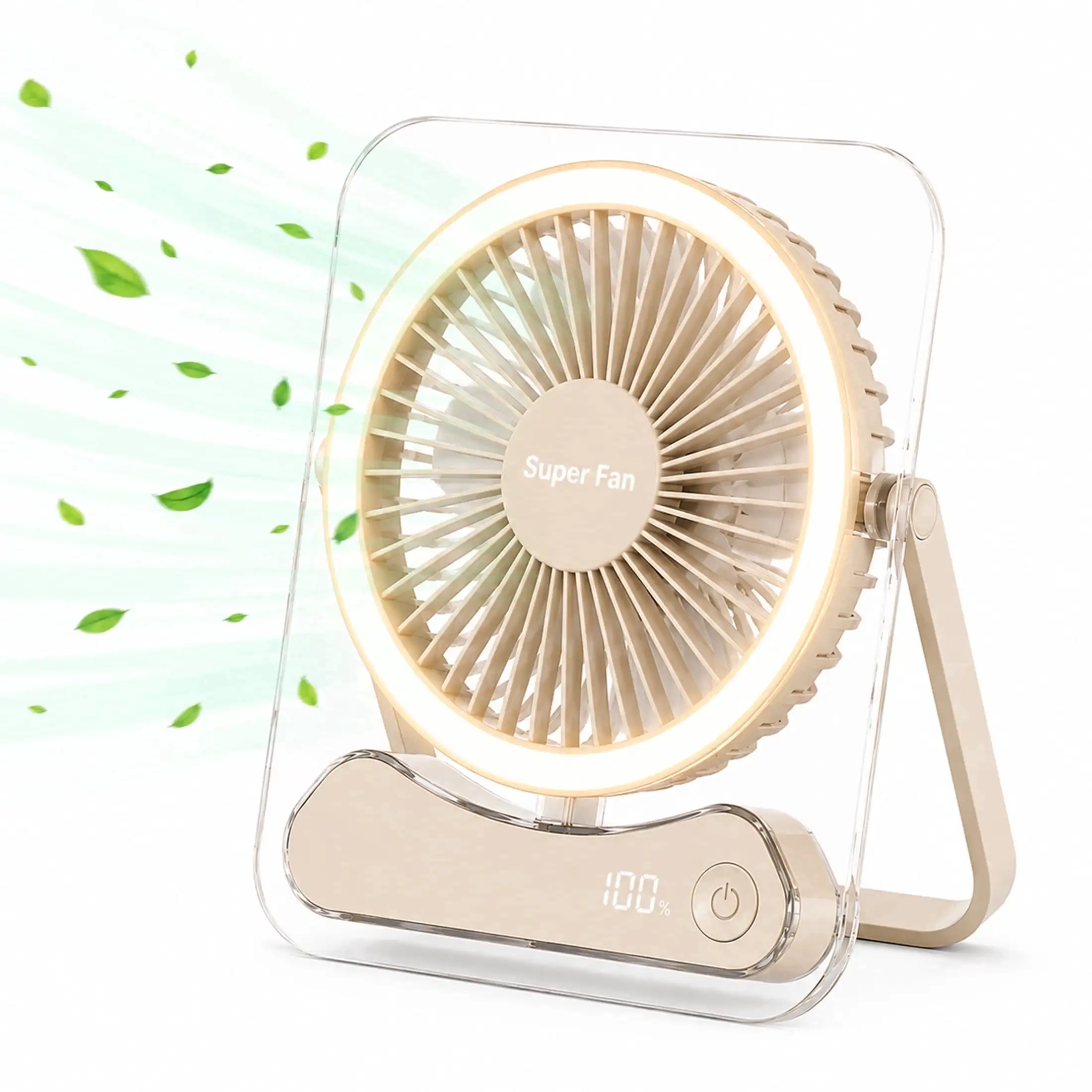 Portable Desk Fan with LED Light, USB Rechargeable Personal Fan, Ultra Quiet 5-Speed Fan, 180° Adjustable Foldable Design, Digital Power Display, Mini Desktop Fan for Office, Bedroom, Home, Travel