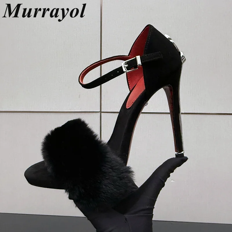 Fur Sandals Women Metal Decor Thin High Heels Shoes Open Toe Ankle Strap Sandalias Mujer Summer Sexy Party Dress Wedding Shoes