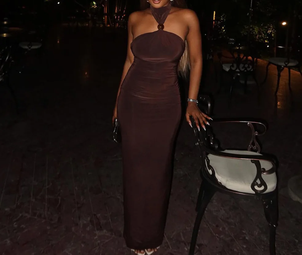 

Solid Color Women's Curved Sexy New Style Hip Hugging Skirt Hanging Neck and Chest Hugging Temperament Long Evening Dress