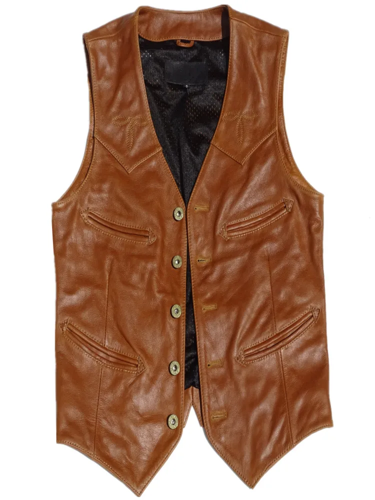 

Men's Leather Vest Cowhide Oil-waxed Embroidery Light Soft Shrot Slim Waistcoat America Retro Safari Jacket Unisex Clothing