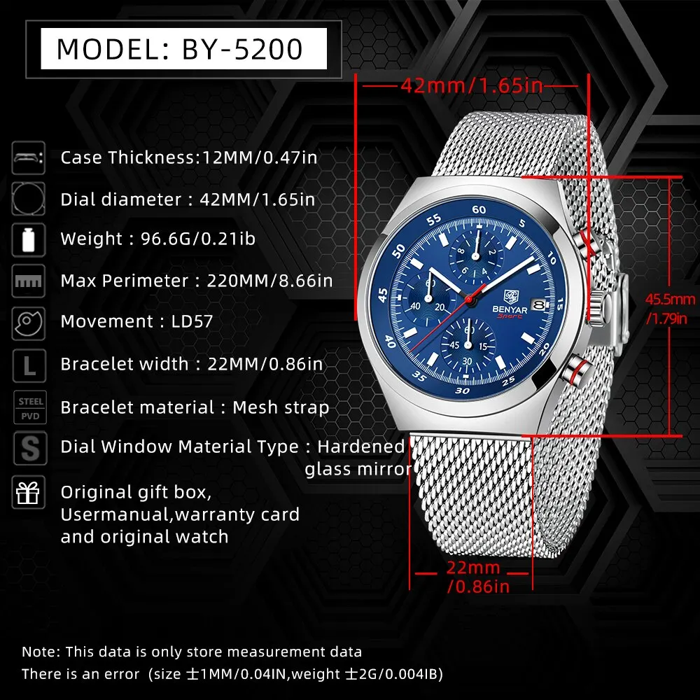 BENYAR 2024 Luxury Men Watch Waterproof Fashion Casual Quartz Wristwatch Man's Business Watches Male Sport Clock