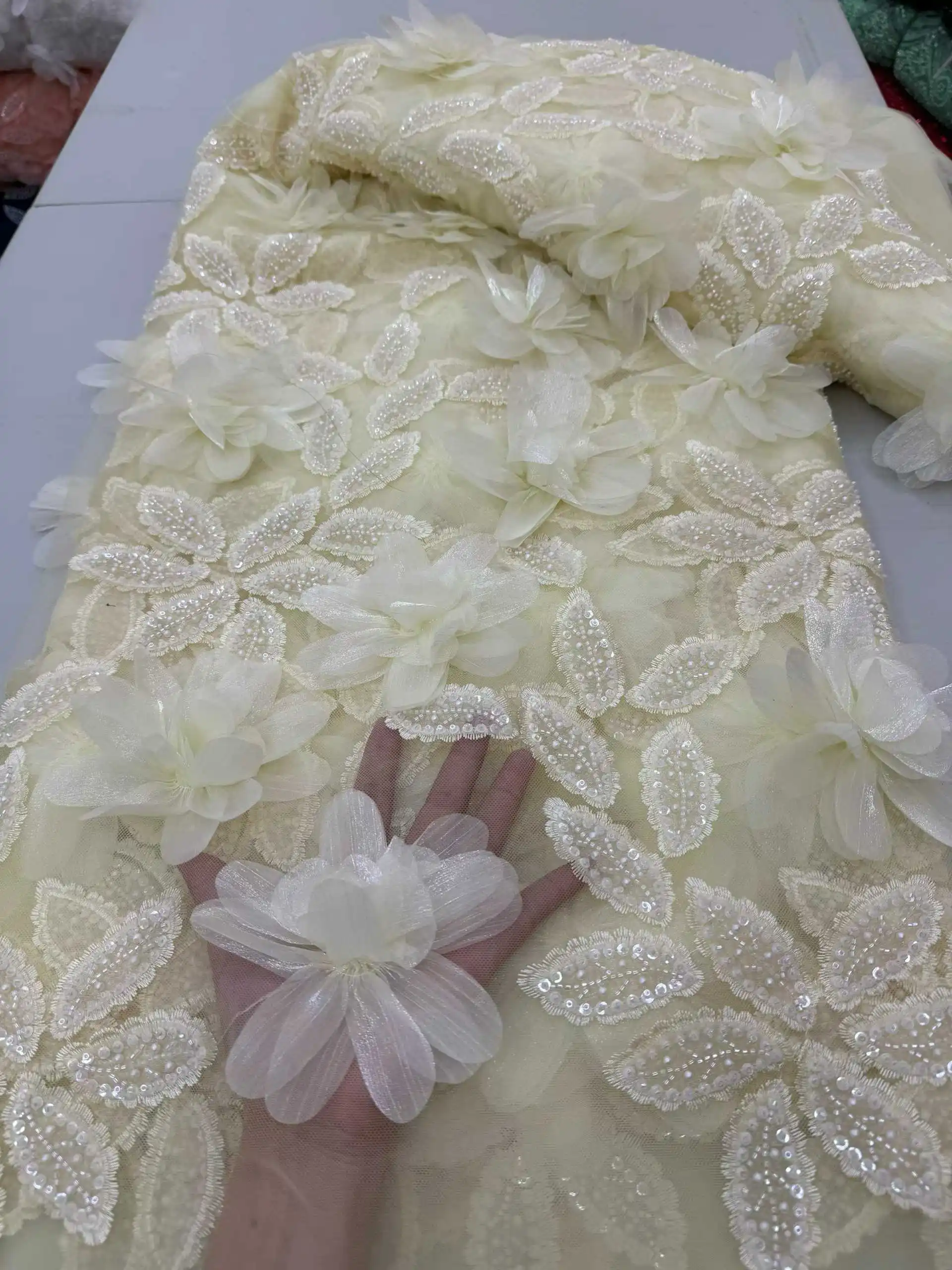 Latest French 3D Flower Applique lace Fabric 2026 high Quality Nigerian Sequins Beads Lace Fabric African wedding Sewing 5 Yards