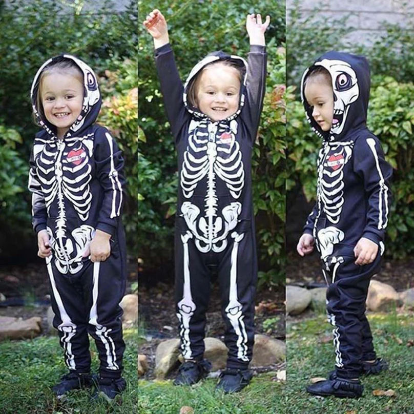 Baby Boy Clothes Funny Skeleton Halloween Costume Long Sleeve Romper Hooded Jumpsuit Zipper Front Open Halloween Clothes