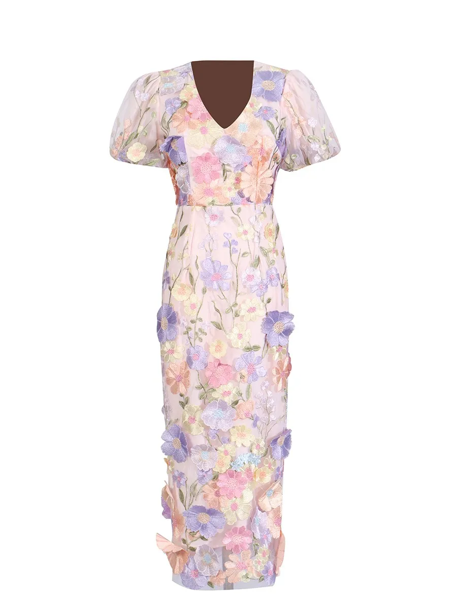 Vestidos Longos Elegantes com Bordado em Camadas para Mulheres, Decote em V, Mangas Curtas, Vestido em Patchwork com Flores 3D, Novo