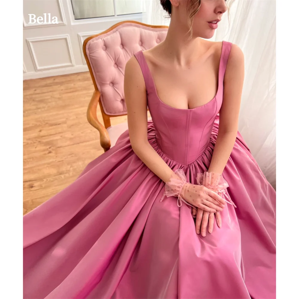 Bella Cherry Pink Satin Prom Dresses Elegant Sleeveless A-line Evening Dress Floor-length Lace-up Back Vestidos De Fiesta 2024