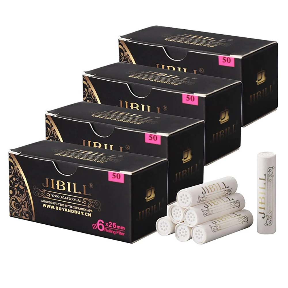 50 Stück 6 x 26 mm Aktivkohlefilter mit beiden Keramikkappen, Rauchrohr, extra schlank, 6 mm Aktivkohlefilter