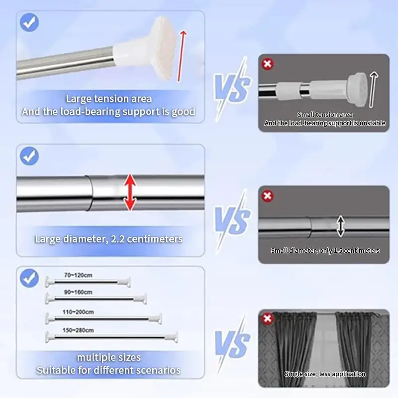 Ausziehbare Stange ohne Löcher, verstellbare Duschvorhangstange, verstellbarer Druck, 70-120, 90-160, 110-200, 150-280 cm – Detail 6