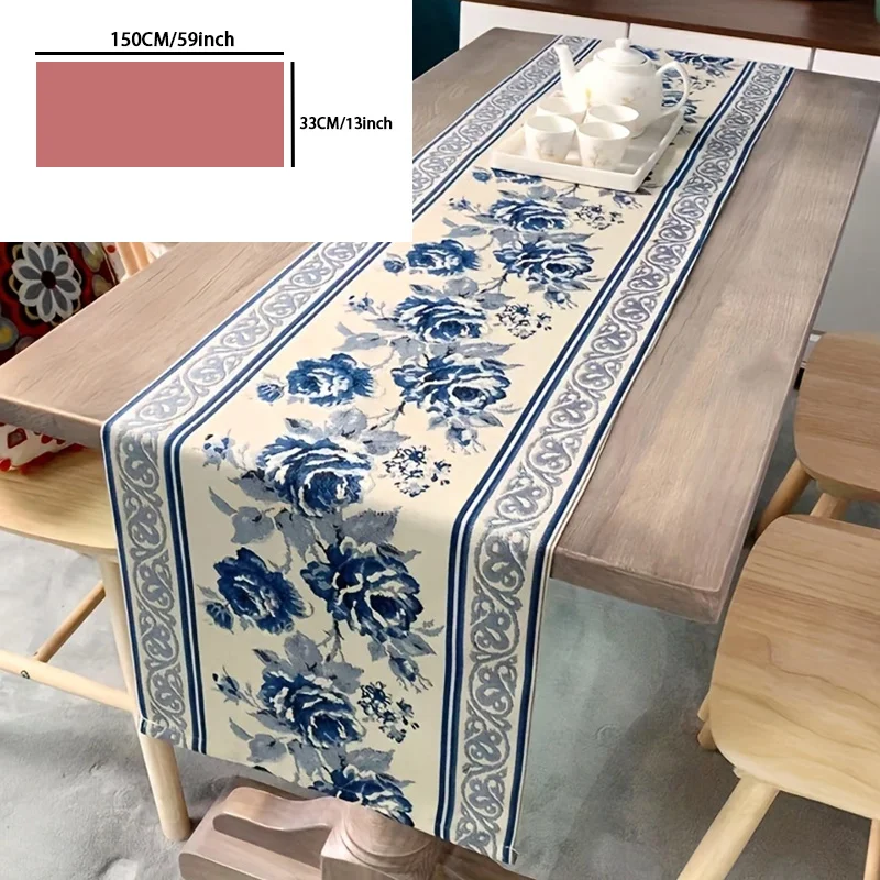Blue Rose Printed Linen Table Runners Dresser Scarf Table Decor Washable Farmhouse Holiday Wedding Party Kitchen Dining Decor