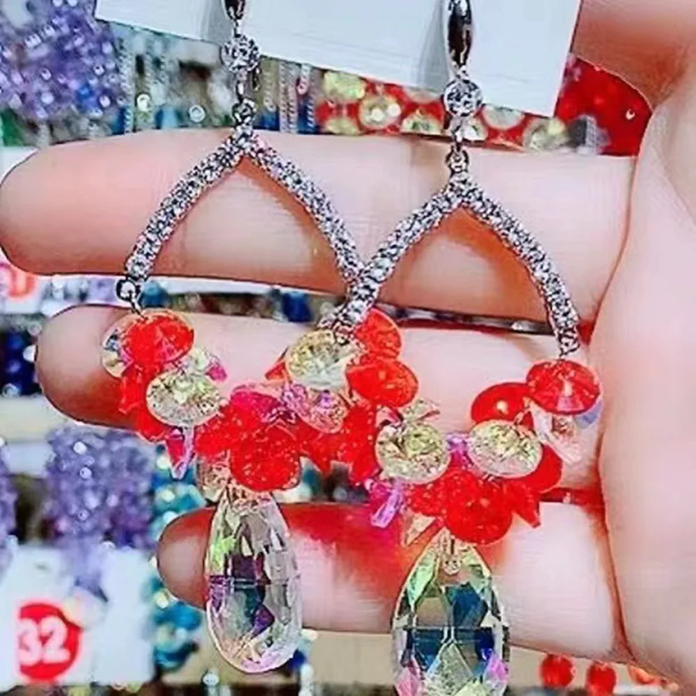 Light luxury retro silver hook mixed color crystal earrings