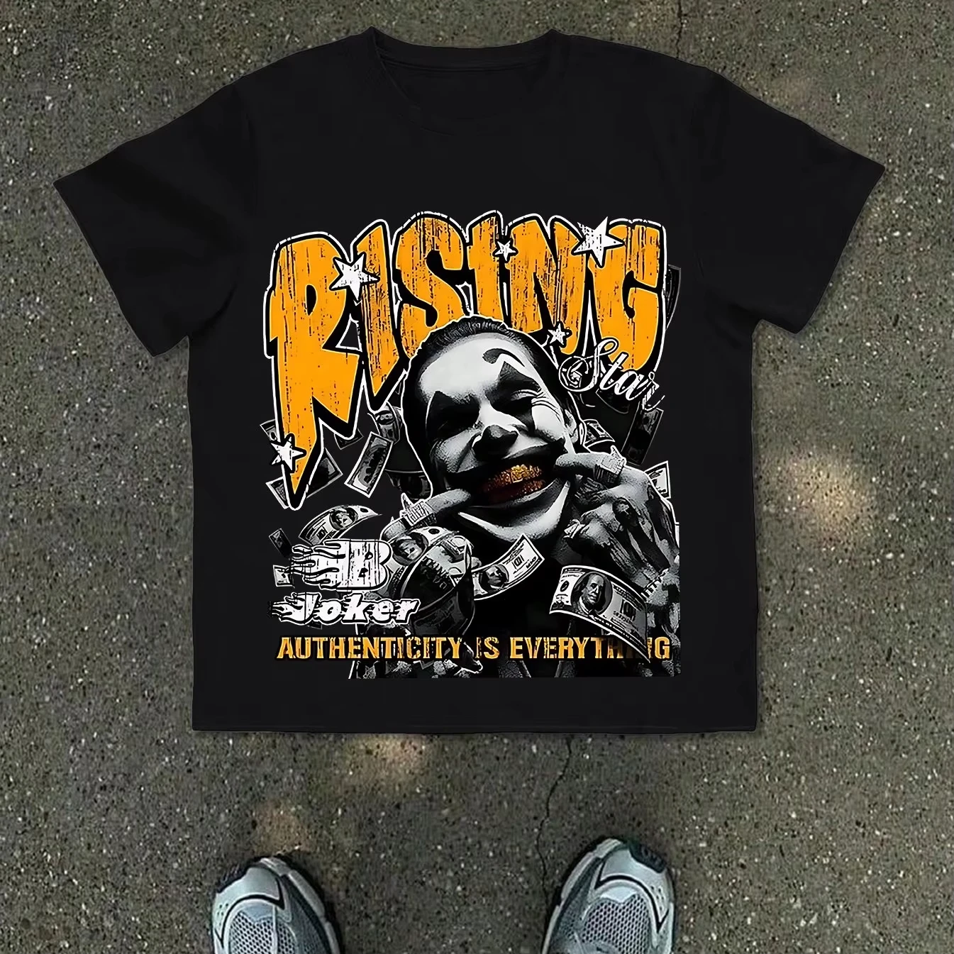 Herren Grafik-T-Shirt mit RISING-Schriftzug, Cash- und Sternen-Print - Streetwear Rundhals-Kurzarmshirt, geeignet für lässige Sommertage