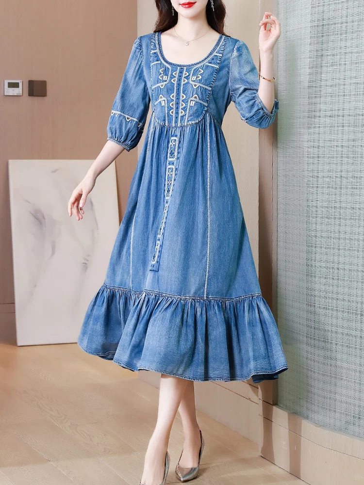 Imagem -05 - Tiyihailey-vestido Denim Longo Mid-calf Vintage Feminino Lanterna Meia Manga Bordado O-neck Vestidos Novo Verão M2xl 2023