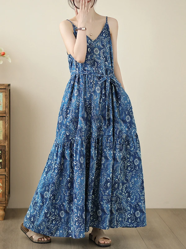 เสื้อกั๊กลายดอกไม้สไตล์เรโทรสำหรับผู้หญิง ชุดเดรสยาวทรงเอ ผ้าบางเบาใส่สบายช่วงฤดูร้อน ช่วยพรางหุ่นให้ดูเพรียวบาง แบบไม่มีแขน...