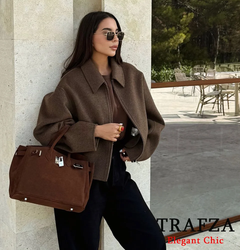 TRAFZA-Women Fashion Zipper Jacket Vintage Brown Lapel Pocket Jacket New 2024 Autumn Fall Casual Vintage High Street Jacket