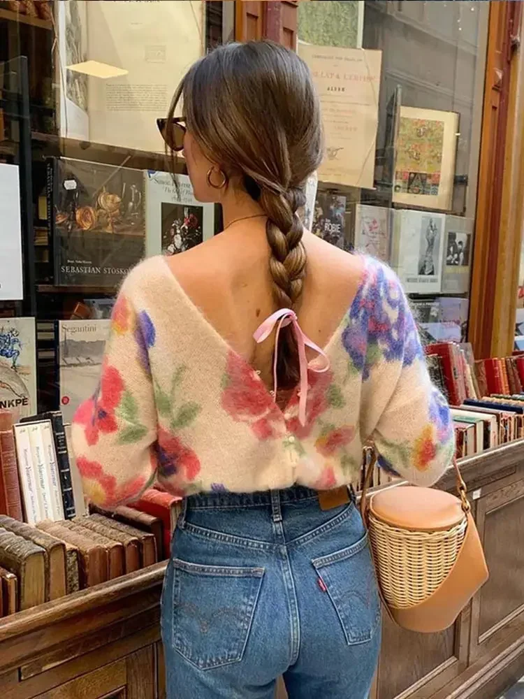 Elegant Flower Print Backless Thin Sweater Women Fashion V Neck Long Sleeve Button Knit Pullover 2024 Autumn Lady Street Jumper